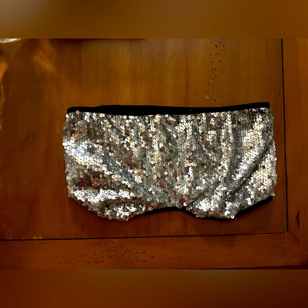 Silver Sequin Bandeau | Black & Shiny Silver Metallic Sequin Tube Top | Sz:XS